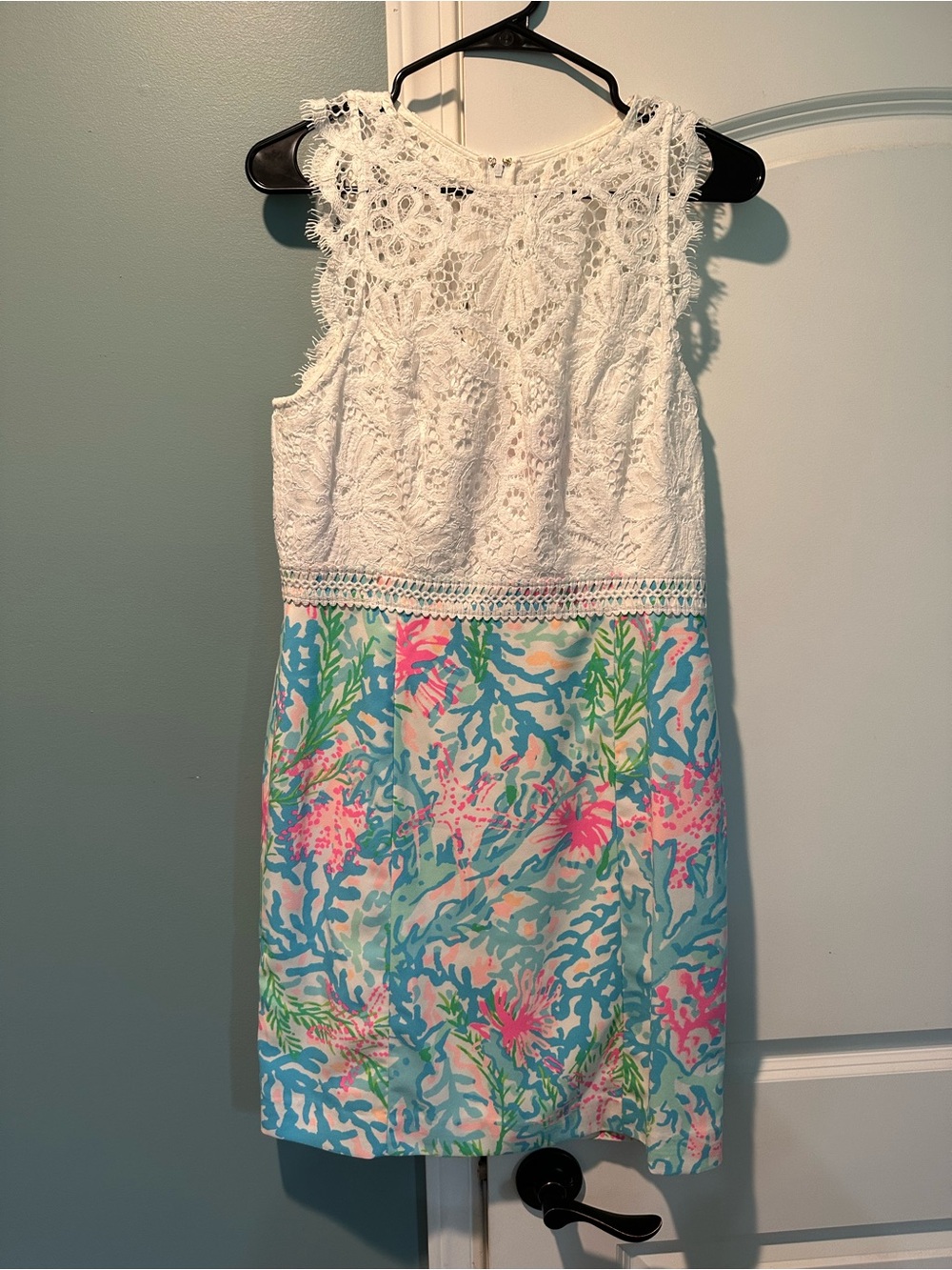 Lilly Pulitzer White Crochet Bodice Multicolor Coral-Print Mini Dress